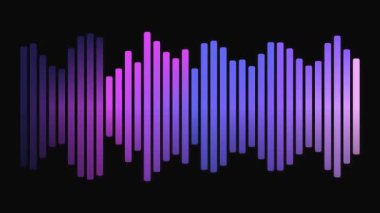 Dijital ses dalgalarını veya müzik görselleştirmesini temsil eden, koyu siyah bir arkaplan üzerinde hareket eden canlı mor ve mavi gradyanlı dinamik soyut ses eşitleyici çubukları.