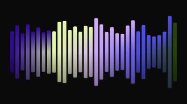 Renkli çubukları olan dinamik ses dalgası görselleştirici siyah arkaplan üzerinde ses için hareket ediyor, müzik, teknoloji veya soyut tasarım projeleri için mükemmel.