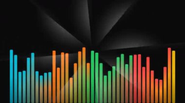 Canlı bir ses spektrumu çözümleyicisi, müzik ile ilgili içerik için mükemmel olan koyu bir arkaplan üzerinde dinamik olarak hareket eden renkli, parıldayan çubuklarla ses frekanslarını görselleştirir.