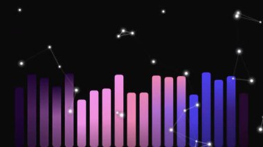 Dinamik ses eşitleyici çubukları, parlak pembe ve mavi renkte titreşim, koyu arkaplan üzerinde, parlayan beyaz noktalar ile karışıyor takımyıldızları andırıyor.