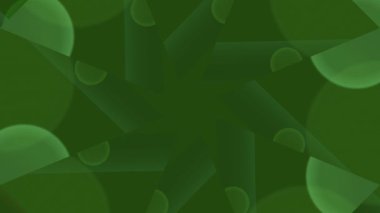Soyut yeşil geometrik şekillerin ve dairelerin büyüleyici döngüsü koyu yeşil bir zemin üzerinde dönüyor ve genişliyor, dinamik ve modern bir görsel etki yaratıyor..
