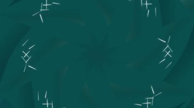 Değişen ve dönüşen dinamik beyaz geometrik şekillere sahip koyu yeşil bir renge sahip büyüleyici bir soyut arkaplan merkezi ışık patlaması ile sonuçlanır..