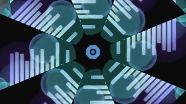 Bir dizi geometrik şekilleri ve dinamik ışık efektlerini içeren büyüleyici soyut bir kaleydoskop deseni görsel ve hipnotik bir görüntü oluşturur..