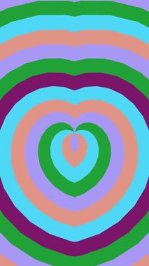 Büyüleyici soyut bir animasyon. Canlı renklerde eşmerkezli kalplerin döngüsünü içeriyor. Hipnotik ve görsel olarak çekici bir arka plan yaratıyor..