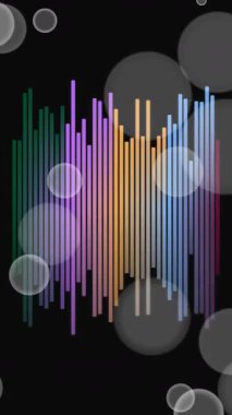 Dinamik soyut arkaplan dikey mavi çizgiler ve yüzen yarı saydam baloncuklar ile karanlık, minimalist arka plan, modern dijital projeler için mükemmel.