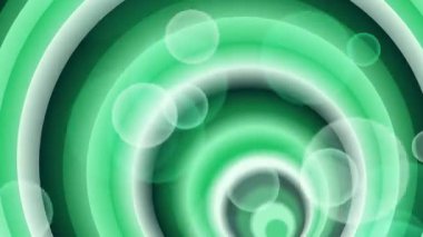 Özmerkezli yeşil daireler ve yüzen baloncuklar içeren büyüleyici soyut bir arka plan, çeşitli dijital projeler için mükemmel dinamik ve hipnotik bir görsel deneyim yaratır..