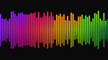 Sesin dinamik bir görüntüsü, gökkuşağı gradyanı içinde renkli dikey çubuklar, siyah bir arkaplana karşı ritmik bir şekilde hareket eden, ses frekanslarını ve müziği temsil eden.