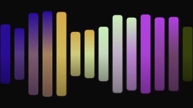 Ses eşitleyici çubukların çeşitli renklerde dinamik görselleştirilmesi, ses dalgalarını veya müziği temsil eden, karanlık bir arkaplan üzerinde titreşen ve hareket eden.