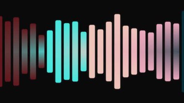 Koyu bir arkaplan üzerinde hareket eden, ses dalgaları ve müzik görselleştirmesini temsil eden, canlı renk gradyanı olan soyut dijital ses eşitleyici çubukları.