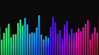 Canlı bir ses spektrumu görselleştirici. Ses dalgaları ve müziği temsil eden, dinamik bir şekilde siyah bir arkaplana karşı hareket eden renkli, parıldayan çubuklar dizisi..