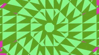 Canlı yeşil ve pembe üçgenlerin dinamik etkileşimlerini içeren büyüleyici soyut bir geometrik desen, arka planlar için mükemmel ve sürekli döngülü bir animasyon yaratır. .