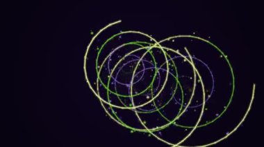 Parlayan dairesel desenlerin ve küçük parçacıkların dinamik animasyonu derin, karanlık bir arka plana karşı karmaşık ve büyüleyici bir görsel etki yaratır..