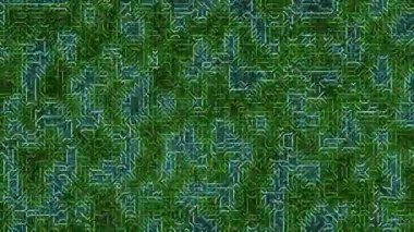 Yeşil ve mavi devre kartlarından oluşan karmaşık, döngülü bir şablona sahip büyüleyici soyut bir arka plan, teknoloji ve gelecek temalar için mükemmel..