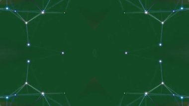 Geometrik şekiller, çizgiler ve noktalardan oluşan soyut bir dijital ağ bağlantısı, veri akışı ve teknolojinin dinamik ve geleceksel bir görsel temsili oluşturur..