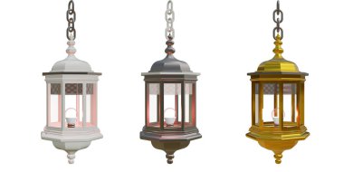 Zarif kubbe şekilli üst ve beyaz arka planda süslü metal işçiliğine sahip geleneksel İslami tasarımı içeren üç boyutlu altın Ramazan feneri..