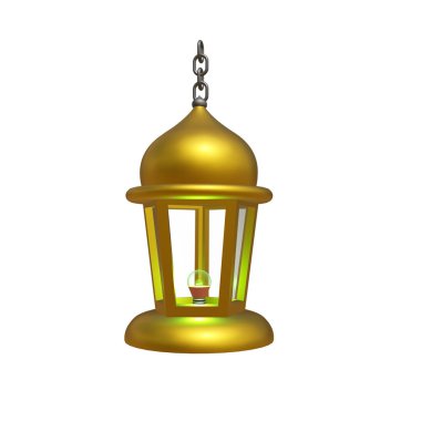 Zarif kubbe şekilli üst ve beyaz arka planda süslü metal işçiliğine sahip geleneksel İslami tasarımı içeren üç boyutlu altın Ramazan feneri..