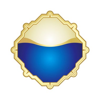 Mavi ve altın renkli etiket rozeti beyaz arka planda izole edilmiş mesaj için boş yeri var. Markalaşma, ürün ambalajlama, içecek veya kozmetik etiketleri, sertifikalar, davetiyeler ve premium pazarlama malzemeleri için uygun lüks çerçeve tasarımı.