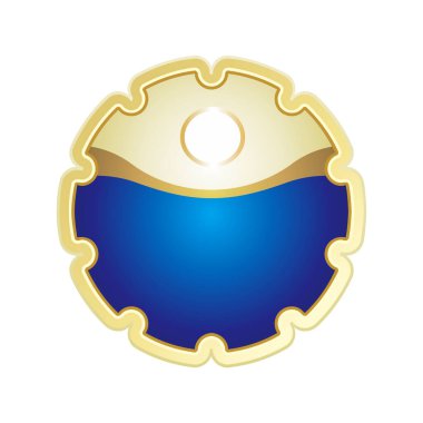 Mavi ve altın renkli etiket rozeti beyaz arka planda izole edilmiş mesaj için boş yeri var. Markalaşma, ürün ambalajlama, içecek veya kozmetik etiketleri, sertifikalar, davetiyeler ve premium pazarlama malzemeleri için uygun lüks çerçeve tasarımı.