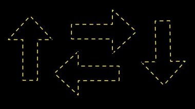 Titreşimli Dalgalanma Efektli Animasyon Oku HUD elementleri. UI UX için Hareket Eden Dot Animasyonu ile Minimalist Kesik Yön Okları. Animasyon Parçacıkları ile Parlak Noktalı Oklar.