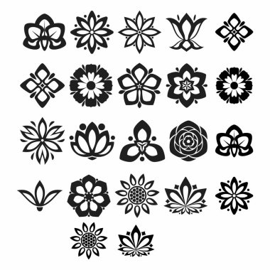 Çiçek Süsleme Silüeti Koleksiyonu, Dekoratif Çiçek Vektör Seti, Klasik Botanik Tasarım Elemanları Paketi. Logolar, rozetler, dekoratif unsurlar, desenler, klasik tasarımlar, mandalalar, tebrik kartları, davetiyeler ve süslemeler için mükemmel..