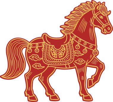 Geleneksel Asya dekoratif elementleriyle çarpıcı kırmızı geometrik çokgen tasarımı içeren Çin zodyak at vektör çizimleri. Ay 'ın yeni yıl kutlamaları, tebrik kartları, posterler, afişler ve kültürel tasarım projeleri için mükemmel..