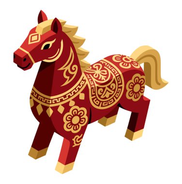 Geleneksel Asya dekoratif elementleriyle çarpıcı kırmızı geometrik çokgen tasarımı içeren Çin zodyak at vektör çizimleri. Ay 'ın yeni yıl kutlamaları, tebrik kartları, posterler, afişler ve kültürel tasarım projeleri için mükemmel..