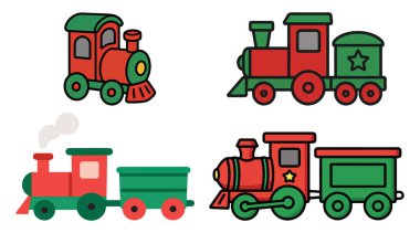 Kırmızı ve yeşil renkli şirin Noel oyuncak trenleri, dosya kullanarak çizgi film vektör çizimi ve CorelDraw. Rail gari (tren) vektör dosyasında. Çocuk tasarımları, Noel kartları ve şenlikli dekorasyonlar için mükemmel..