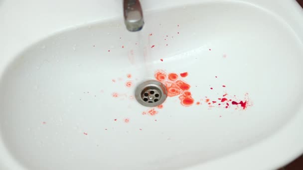 Frisches rotes Blut spritzt auf weißem Porzellan mit Flecken vom Aufprall. Horror-Thema — Stockvideo