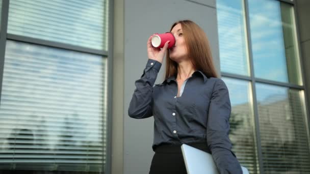 Uma mulher relaxada no café parte um portátil. Empresário feliz. Empresária — Vídeo de Stock