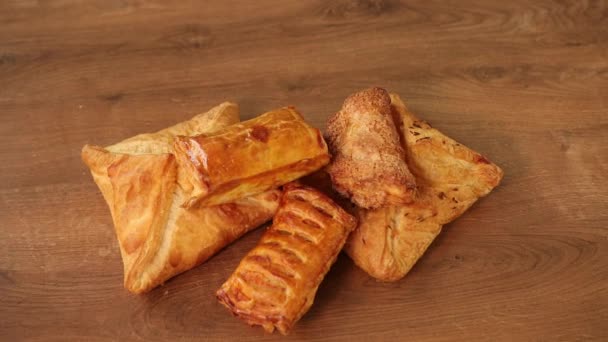 Homemade food concept, close up. Puff pastry chocolate. Dough filling. Ripe — Stock Video