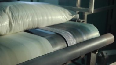 Torbalar taşıma bandında yatıyor. Şeker paketleme plastik torba taşıma hattı.