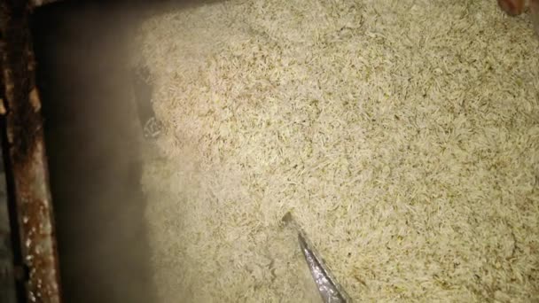 Production de sucre à partir de betteraves, mélange dans un récipient, cuisson de légumes crus, vapeur — Video