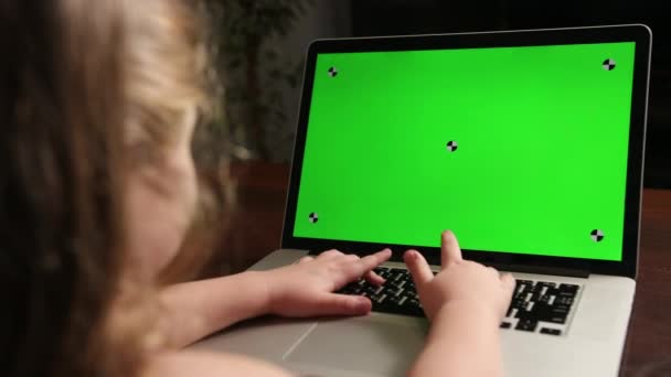 Vista desde la chica de atrás sentado en la mesa y escribir en el ordenador portátil verde croma clave — Vídeo de stock