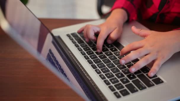 Meninos dedo pressionando uma chave no laptop. Fechar teclado, backgound borrado. — Vídeo de Stock