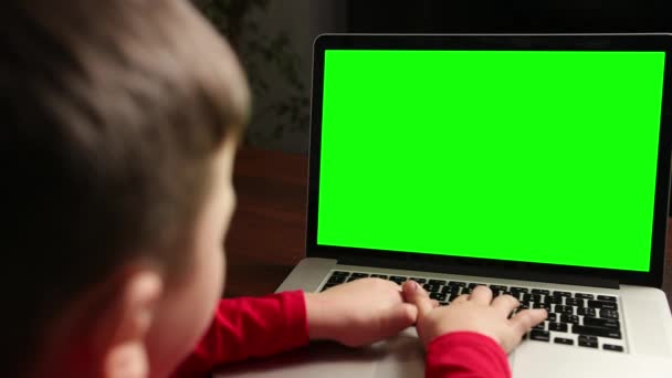Lihat dari belakang anak laki-laki duduk di meja mengetik pada laptop dengan kunci kroma hijau — Stok Video