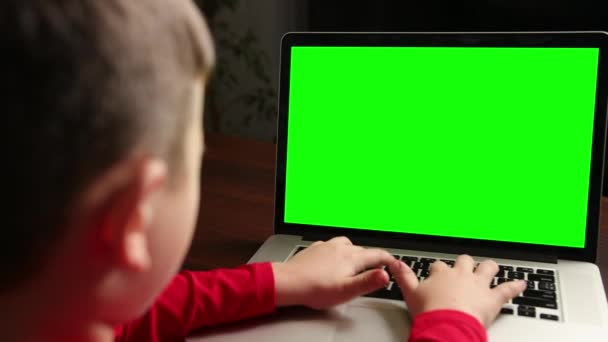 Blick vom hinteren Jungen, der am Tisch sitzt und mit grünem Chroma-Schlüssel auf Laptop tippt — Stockvideo