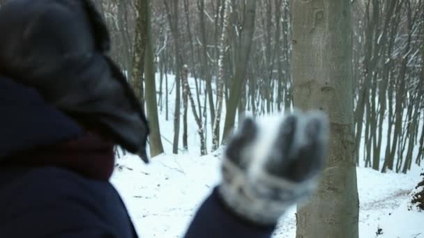 사람은 눈 뭉치를 나무줄기에 던진다. 대상을 누르 십시오. 서리가 내리는 겨울 날씨 — 비디오