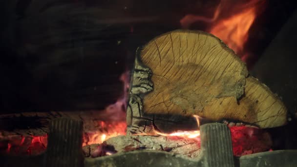 La legna brucia nel camino. Le lingue calde di fuoco bruciano ardentemente. Caldo, romantico — Video Stock