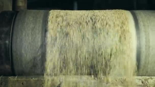 Régi cukorgyár. Fémdob forog, amelyből cukorrépa-szilázs ömlik — Stock videók