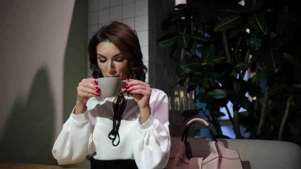 Una mujer en la cafetería tomando café. Hermosa joven con capuchino taza. hembra — Vídeo de stock