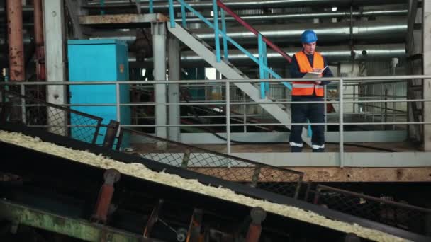 Ingenieur in een beschermende helm die de kwaliteit van het gewas in suikerbieten in de fabriek controleert — Stockvideo