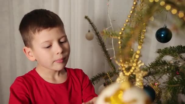 Dekorowanie choinki, wiszące ozdoby, chłopiec przykleja zabawkę na yuletide — Wideo stockowe