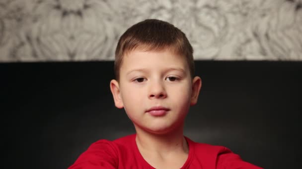 Portrait of boy looking into a camera, smiling. Social distancing and isolation — Stock Video