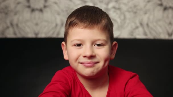 Egy fiú portréja, ahogy a kamerába néz, mosolyog. Társadalmi távolság és elszigeteltség — Stock videók
