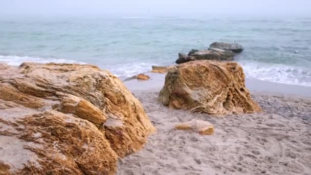 Grandes olas chocando contra las rocas. Las gaviotas lo disfrutaron mucho. Gran roca marina — Vídeos de Stock