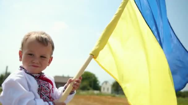 Begreppet självständighetsdag. Pojke med Ukrainas nationella flagga, — Stockvideo