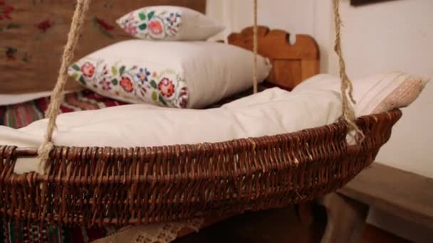 Vintage empty wooden cradle from the 19th century. A sense of antiquity. — Stock Video