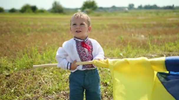 Independence day concept. Boy holding national flag of Ukraine, — Stock Video