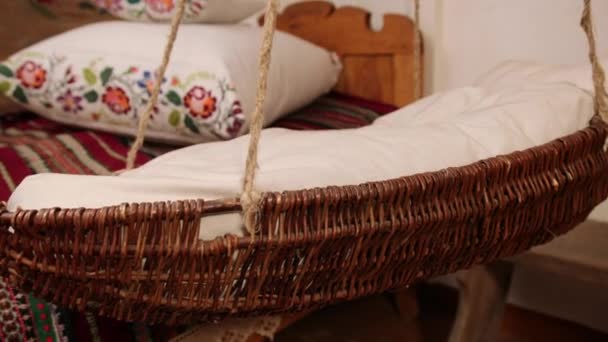 Vintage empty wooden cradle from the 19th century. A sense of antiquity. — Stock Video