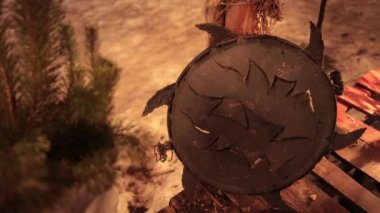 Cesur Viking savaşçısını korumak için savaş kalkanı. Dövüşmek için yayalar